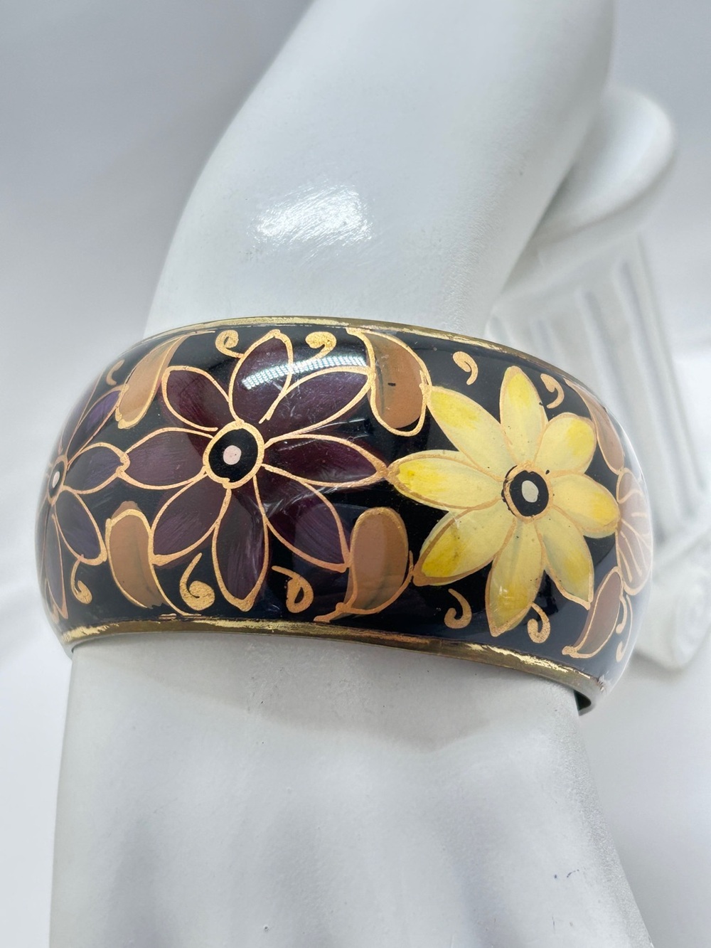 Vintage Wide Brass And Enamel Floral Bangle Bracelet, Neutral